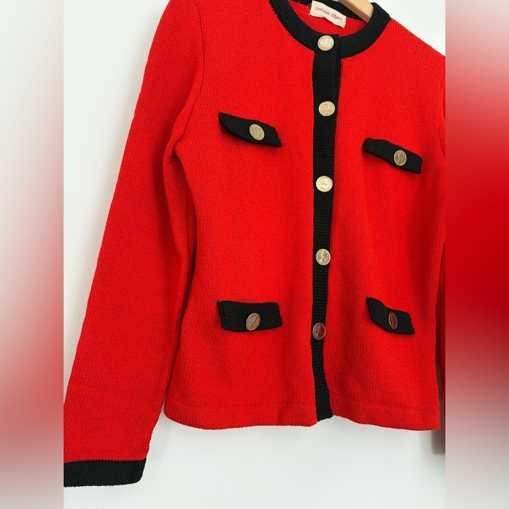 Vintage Red and Black Knit Cardigan with Coin Buttons – Medium - Picture 2 of 7